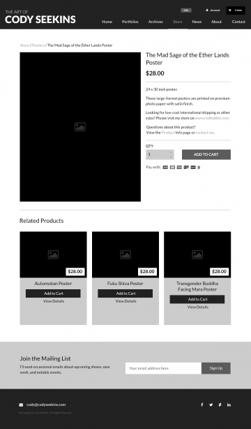 CodySeekins.com product page wireframe